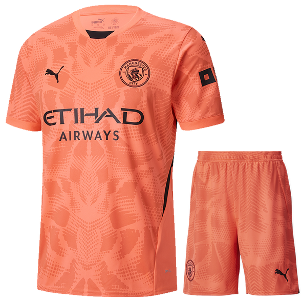 Manchester City 24/25 Kid's Coral Goalkeeper Shirt and Shorts