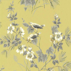 1838 Wallcoverings 1601-100-01 - Rosemore Trees Birds Mustard Grey 1838 Wallpaper roll - luxury design for UK feature walls
