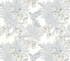 1838 Wallcoverings 1804-117-05 - Aurora Floral Hummingbirds Grey Ivory 1838 Wallpaper roll - luxury design for UK feature walls