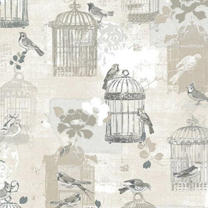 Galerie KE29946 - Kitchen Style 3 Flowers Birds Cages Beige Grey Galerie Wallpaper roll - luxury design for UK feature walls