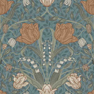 Galerie 33009 - Apelviken Leafy Vines Blossom Blue/blush Galerie Wallpaper roll - luxury design for UK feature walls