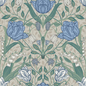 Galerie 33008 - Apelviken Leafy Vines Blossom White/green/blue Galerie Wallpaper roll - luxury design for UK feature walls