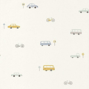 82776216 - Happy Dreams Old Cars Trucks MiniVans Blue Casadeco Wallpaper