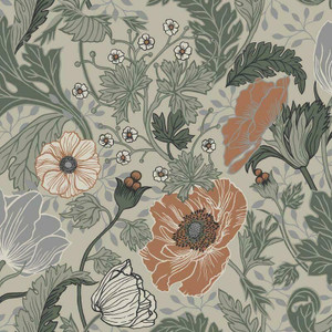 Galerie 33001 - Apelviken2 Floral Poppies Green orange Galerie Wallpaper roll - luxury design for UK feature walls