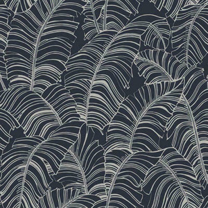 Galerie G78299 - Bazaar Palm Leaves Navy Silver Galerie Wallpaper roll - luxury design for UK feature walls