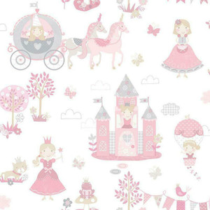 Galerie G78371 - Tiny Tots 2 Fairytale Castles Horses Pinks Grey Galerie Wallpaper roll - luxury design for UK feature walls
