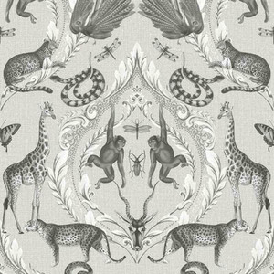 Galerie G78310 - Bazaar Tropical Wildlife Damask Grey Hopsack, Black Galerie Wallpaper roll - luxury design for UK feature walls