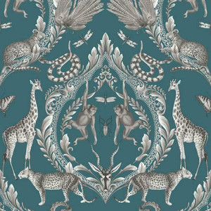 Galerie G78313 - Bazaar Tropical Wildlife Damask Teal Galerie Wallpaper roll - luxury design for UK feature walls