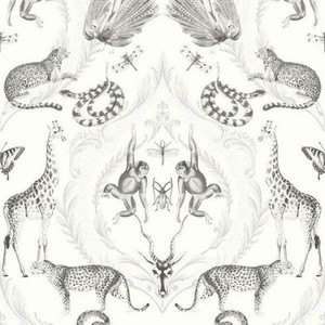 Galerie G78314 - Bazaar Tropical Wildlife Damask White, greys Galerie Wallpaper roll - luxury design for UK feature walls