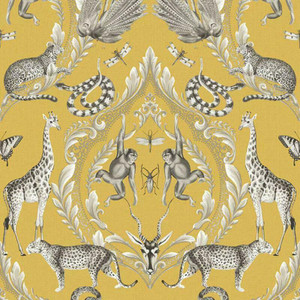 Galerie G78315 - Bazaar Tropical Wildlife Damask Mustard Galerie Wallpaper roll - luxury design for UK feature walls