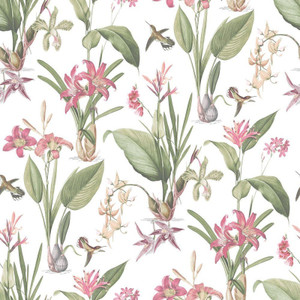 Galerie G78506 - Secret Garden Hummingbirds Lillies Pink, Sage green Galerie Wallpaper roll - luxury design for UK feature walls