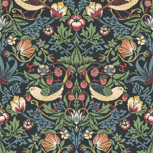 ET11210 - Arts and Crafts Fragaria Garden Black Green Red Blue Galerie Wallpaper ET11210 - Arts and Crafts Fragaria Garden Black Green Red Blue Galerie Wallpaper