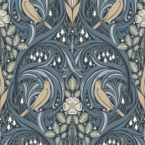 ET12212 - Arts and Crafts Bird Scroll Blue Olive Beige Galerie Wallpaper ET12212 - Arts and Crafts Bird Scroll Blue Olive Beige Galerie Wallpaper