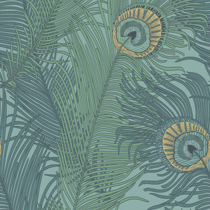 Galerie NHW1045 - Enchanted Peacock Feathers Emerald Gold Galerie Wallpaper roll - luxury design for UK feature walls
