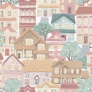 G78603 - Kids and Teens Whimsical Houses Beige Blue Pink Galerie Wallpaper