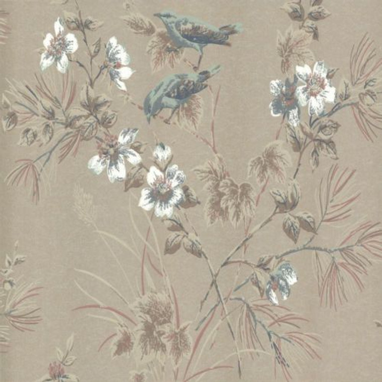 1601-100-04  - Rosemore Trees Birds Taupe Blue 1838 Wallpaper