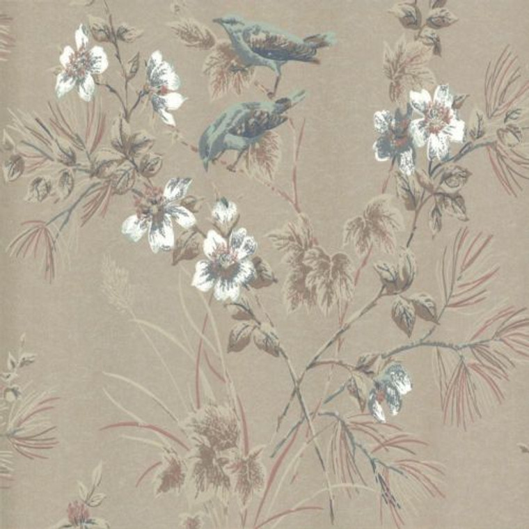 1838 Wallcoverings 1601-100-04 - Rosemore Trees Birds Taupe Blue 1838 Wallpaper roll - luxury design for UK feature walls