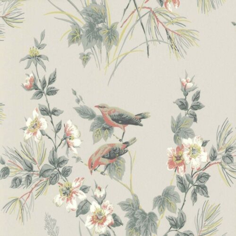 1601-100-05  - Rosemore Trees Birds Grey White Coral 1838 Wallpaper