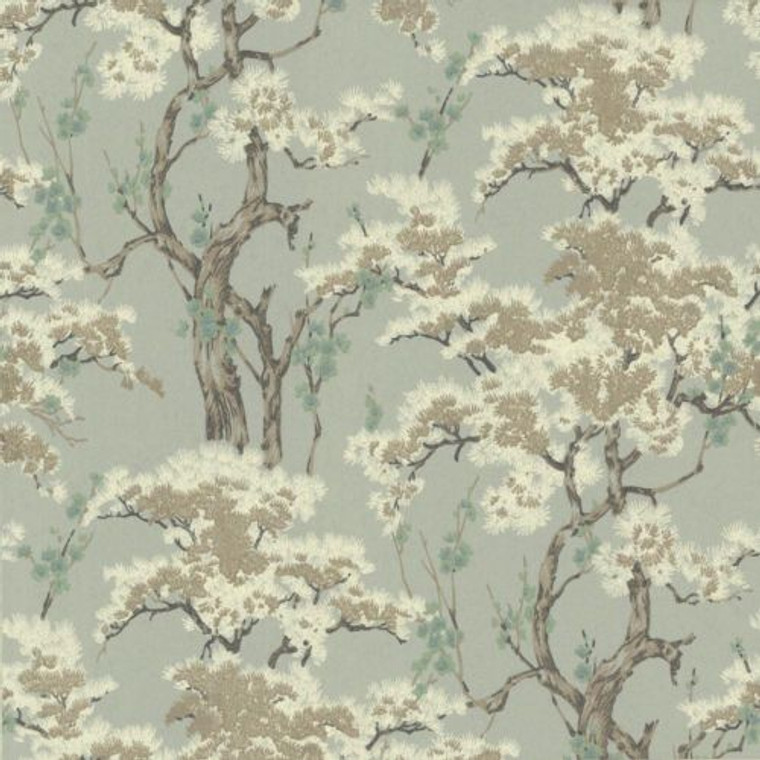 1602-100-02  - Avington Trees Blossoms White Green Gold 1838 Wallpaper