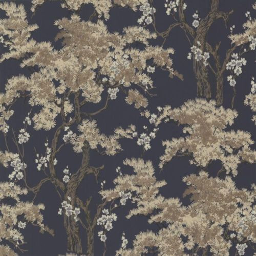 1838 Wallcoverings 1602-100-05 - Avington Trees Blossoms Taupe Blue 1838 Wallpaper roll - luxury design for UK feature walls