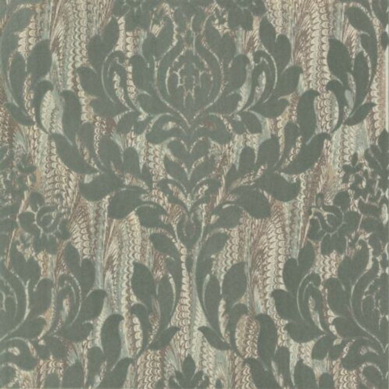 1838 Wallcoverings 1602-101-02 - Avington Soft Flock Damask Green Brown 1838 Wallpaper roll - luxury design for UK feature walls
