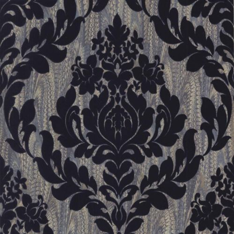 1602-101-03  - Avington Soft Flock Damask Blue Gold 1838 Wallpaper