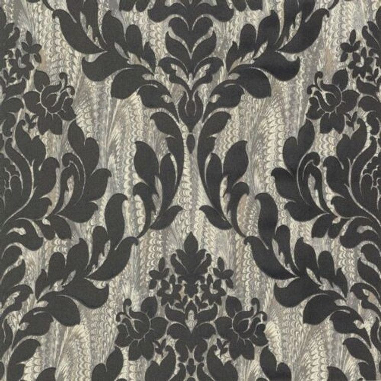 1602-101-04  - Avington Soft Flock Damask Black Silver 1838 Wallpaper