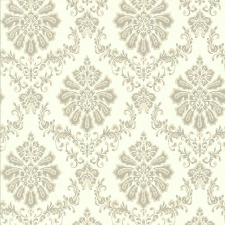 1602-104-04  - Avington Mid-Scale Damask Grey Cream Taupe 1838 Wallpaper