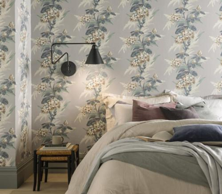 1838 Wallcoverings 1804-116-06 - Aurora Floral Grey White 1838 Wallpaper roll - luxury design for UK feature walls