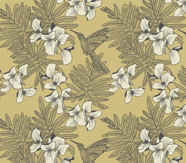 1804-117-01  - Aurora Floral Hummingbirds Mustard 1838 Wallpaper