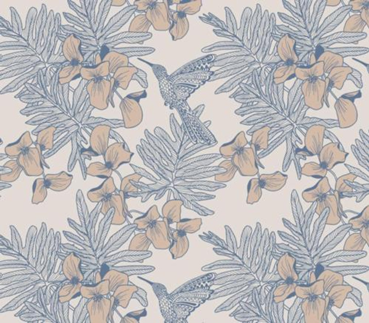 1804-117-02  - Aurora Floral Hummingbirds Blue Beige 1838 Wallpaper