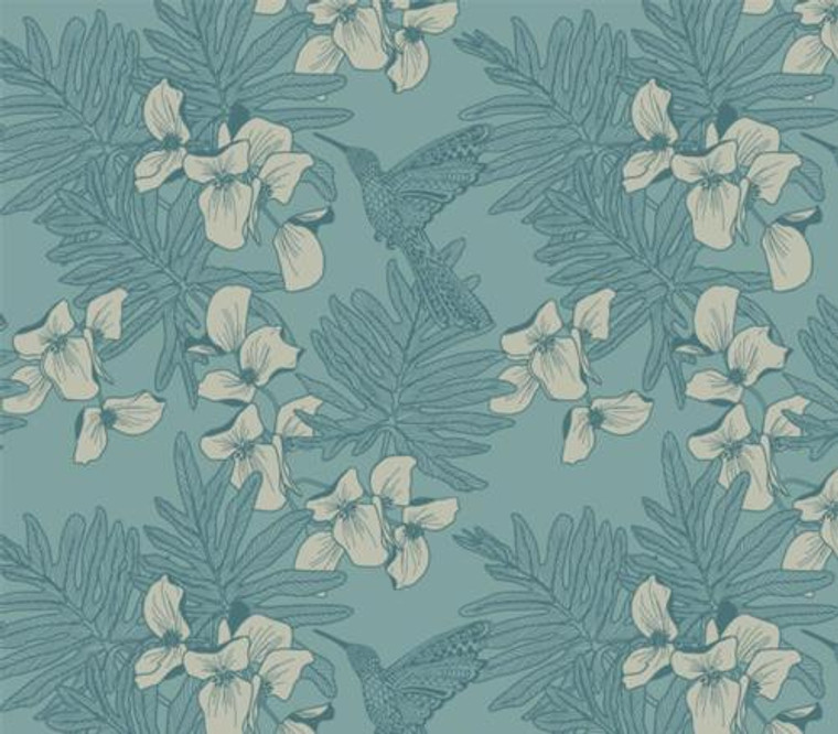 1804-117-03  - Aurora Floral Hummingbirds Teal 1838 Wallpaper