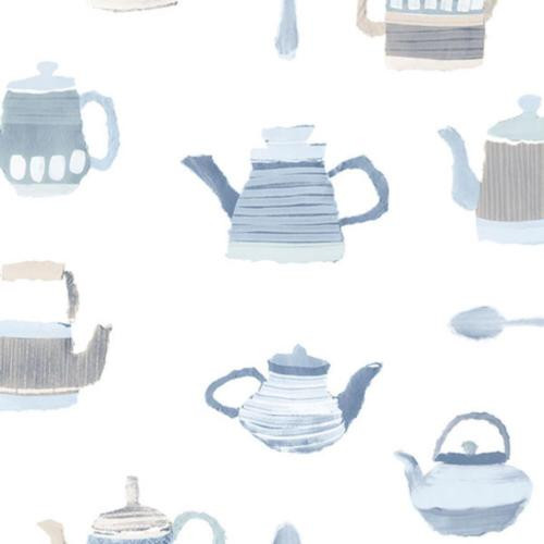 Galerie CK36635 - Kitchen Style 3 Teapots Kettle Teaspoons Blue Galerie Wallpaper roll - luxury design for UK feature walls