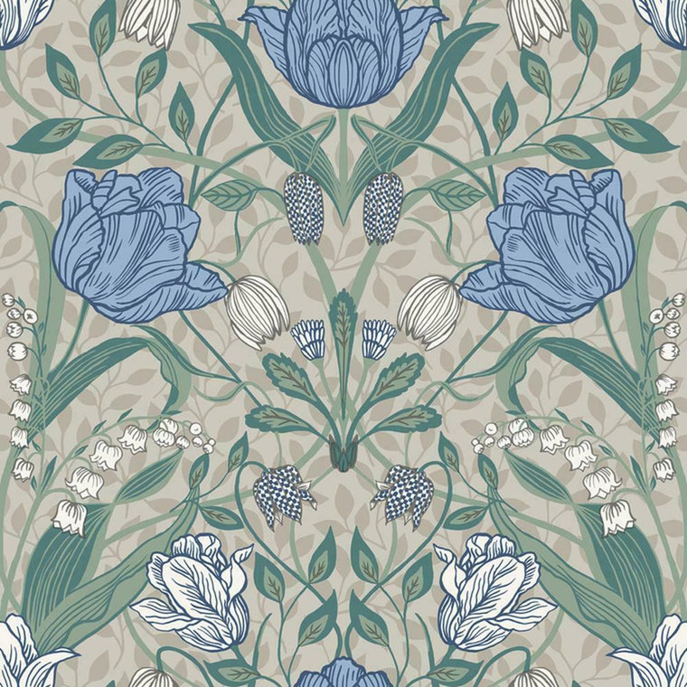 Galerie 33008 - Apelviken Leafy Vines Blossom White/green/blue Galerie Wallpaper roll - luxury design for UK feature walls