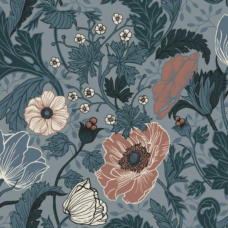 33004 - Apelviken Anemone Floral Vines Blue/blush Galerie Wallpaper