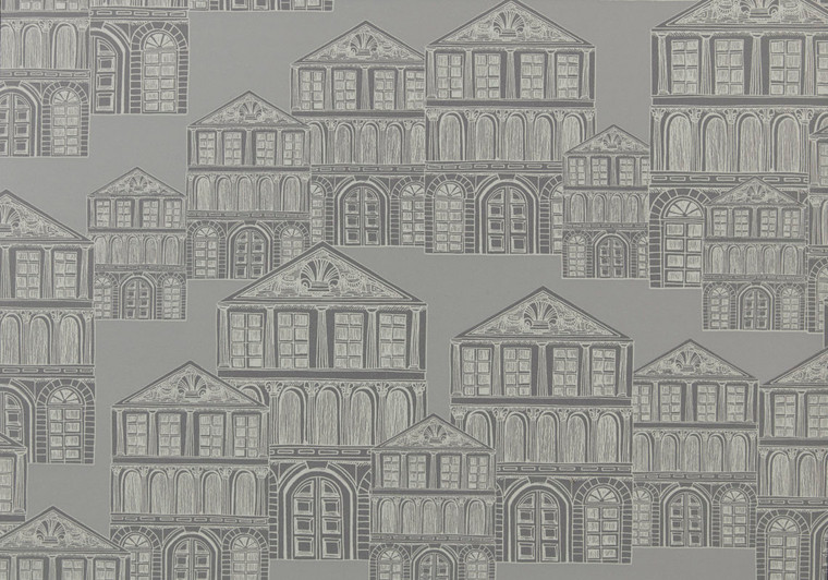 1838 Wallcoverings 1907-137-04 - Elodie Illustrative Houses Grey 1838 Wallpaper roll - luxury design for UK feature walls