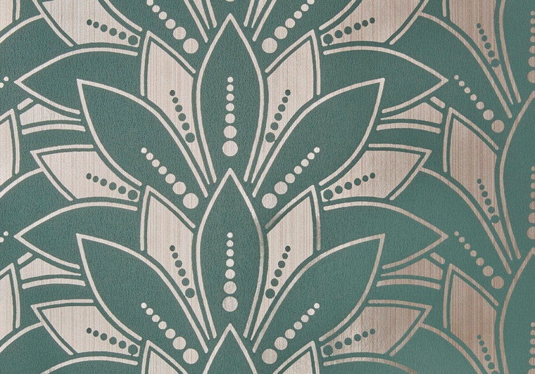 1838 Wallcoverings 1907-139-05 - Elodie Art Deco Leaf Foil Mint 1838 Wallpaper roll - luxury design for UK feature walls