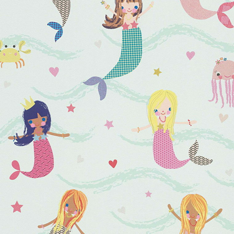 305691 - Boys & Girls Cartoon Mermaids Blue Green AS Creation Wallpaper