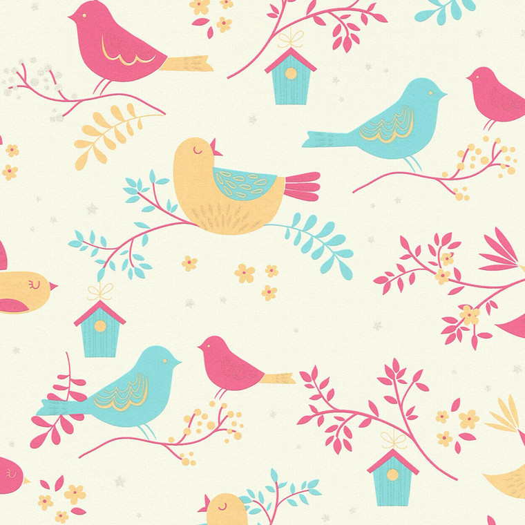 367562 - Boys & Girls Birds Branches Beige Blue Orange AS Creation Wallpaper