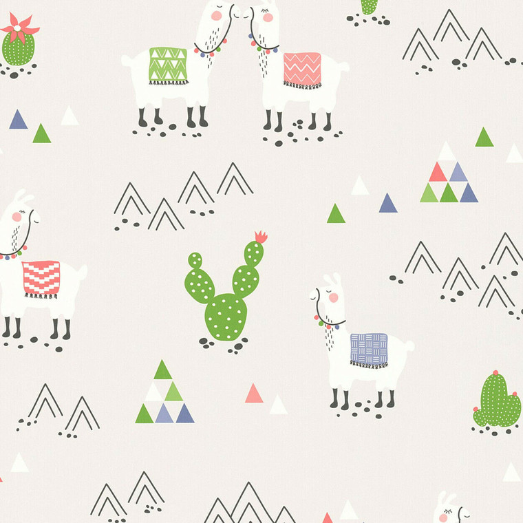 369853 - Boys & Girls Llamas Cactus Grey Multicoloured AS Creation Wallpaper