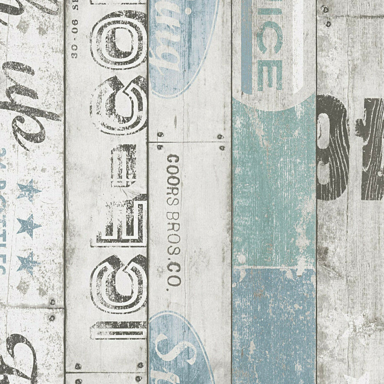 959503 - Boys & Girls Wooden Labels Beige Blue Grey AS Creation Wallpaper
