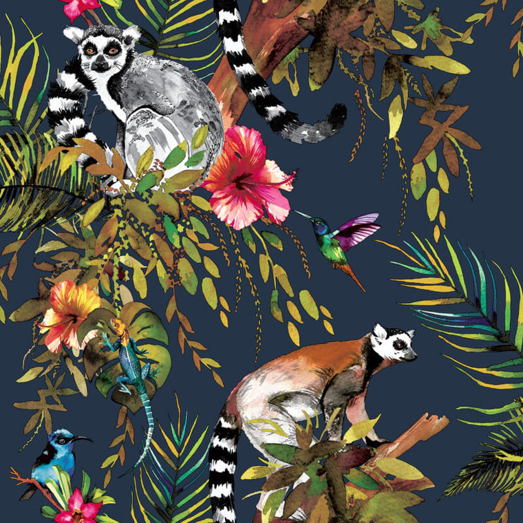 12403 - Fantasia Lemur Forest Animals Midnight Blue Multicoloured Holden Wallpaper