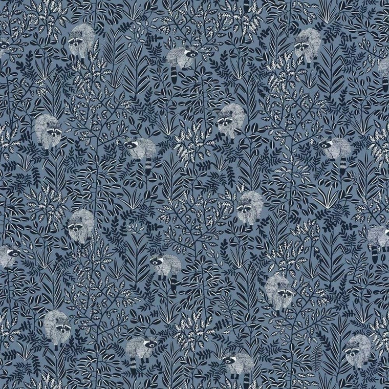 100546911 - Hygge Racoons Foliage Blue Casadeco Wallpaper