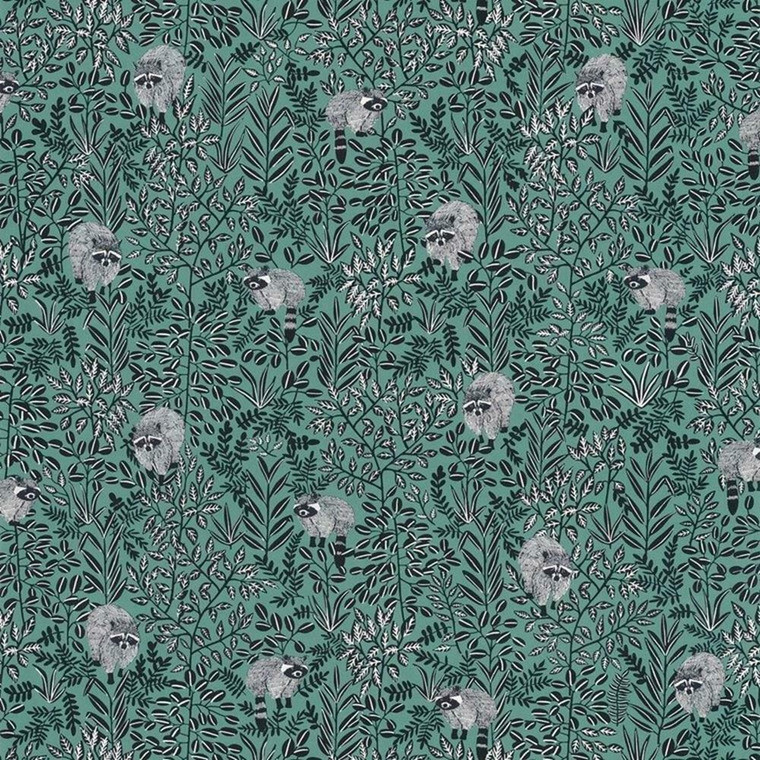 100547918 - Hygge Racoons Foliage Green Casadeco Wallpaper