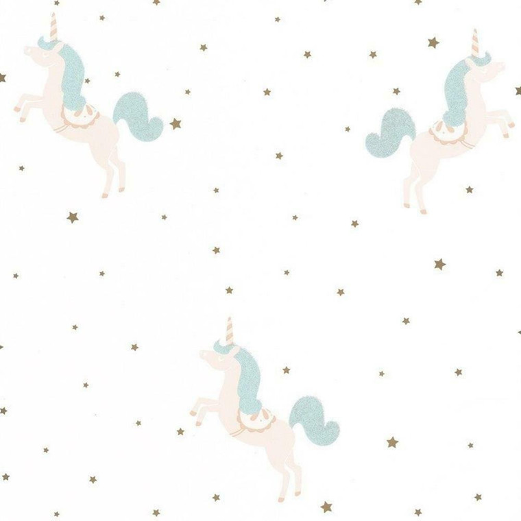 100796710 - Girl Power Unicorns Stars Blue Casadeco Wallpaper
