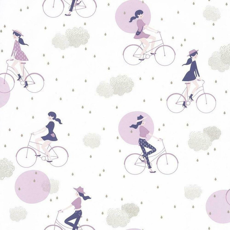 100845426 - Girl Power Cyclists Rain Clouds Purple Casadeco Wallpaper