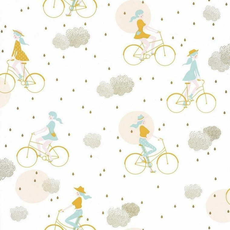 100846226 - Girl Power Cyclists Rain Clouds Blue Casadeco Wallpaper