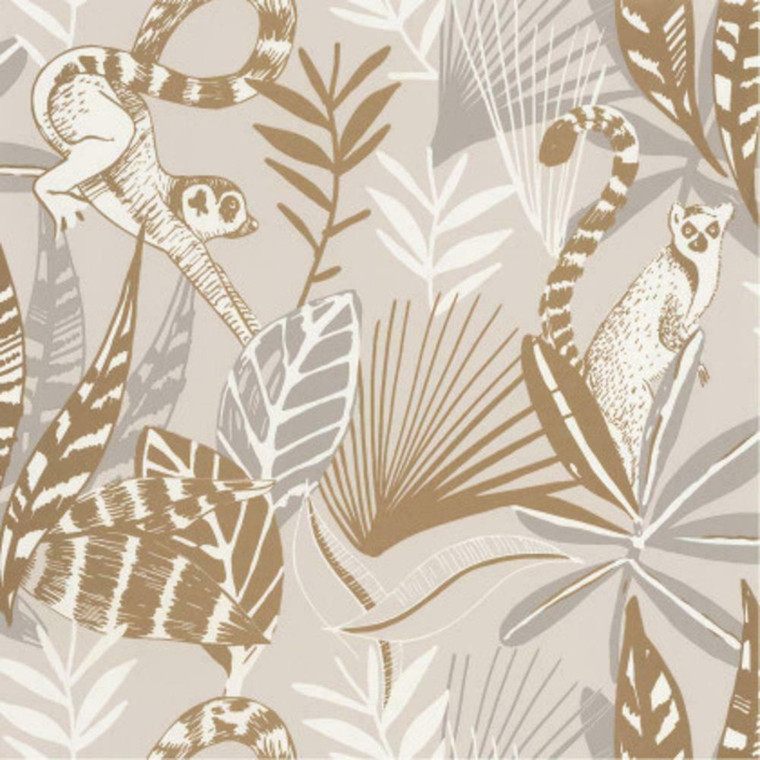 101401010 - Odyssee Jungle Lemurs Foliage Beige Casadeco Wallpaper