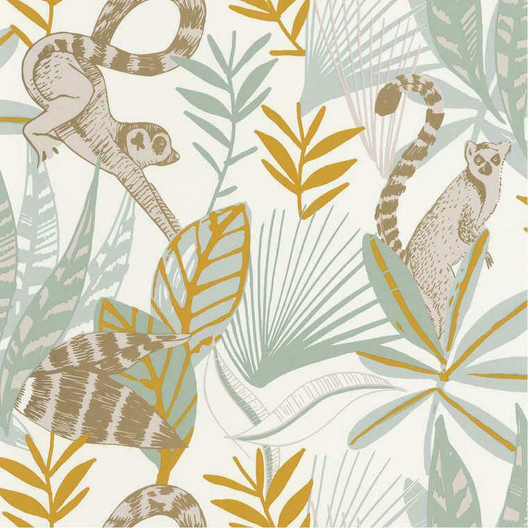 101407218 - Odyssee Jungle Lemurs Foliage Green Casadeco Wallpaper