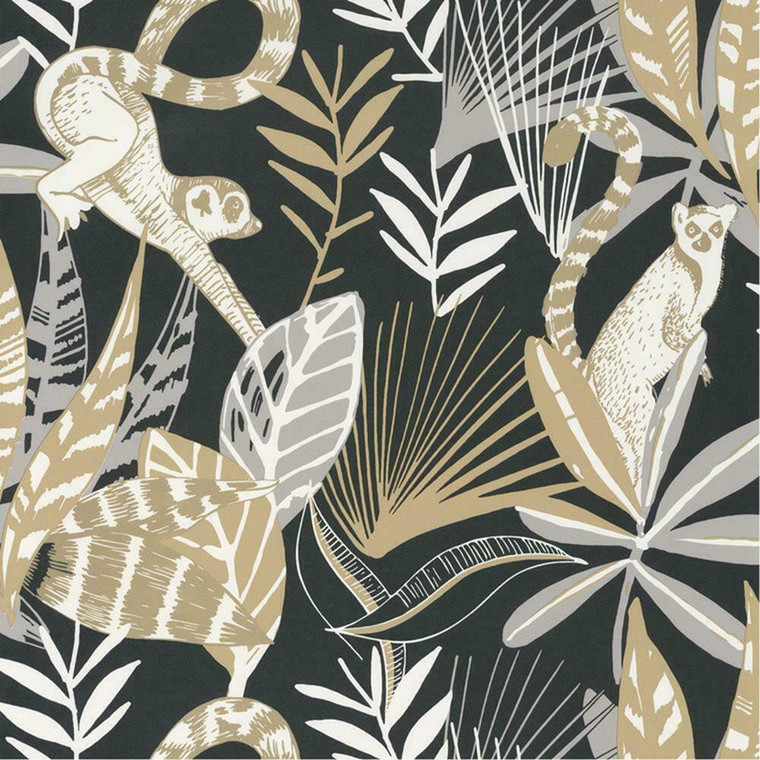 101409911 - Odyssee Jungle Lemurs Foliage Black Casadeco Wallpaper